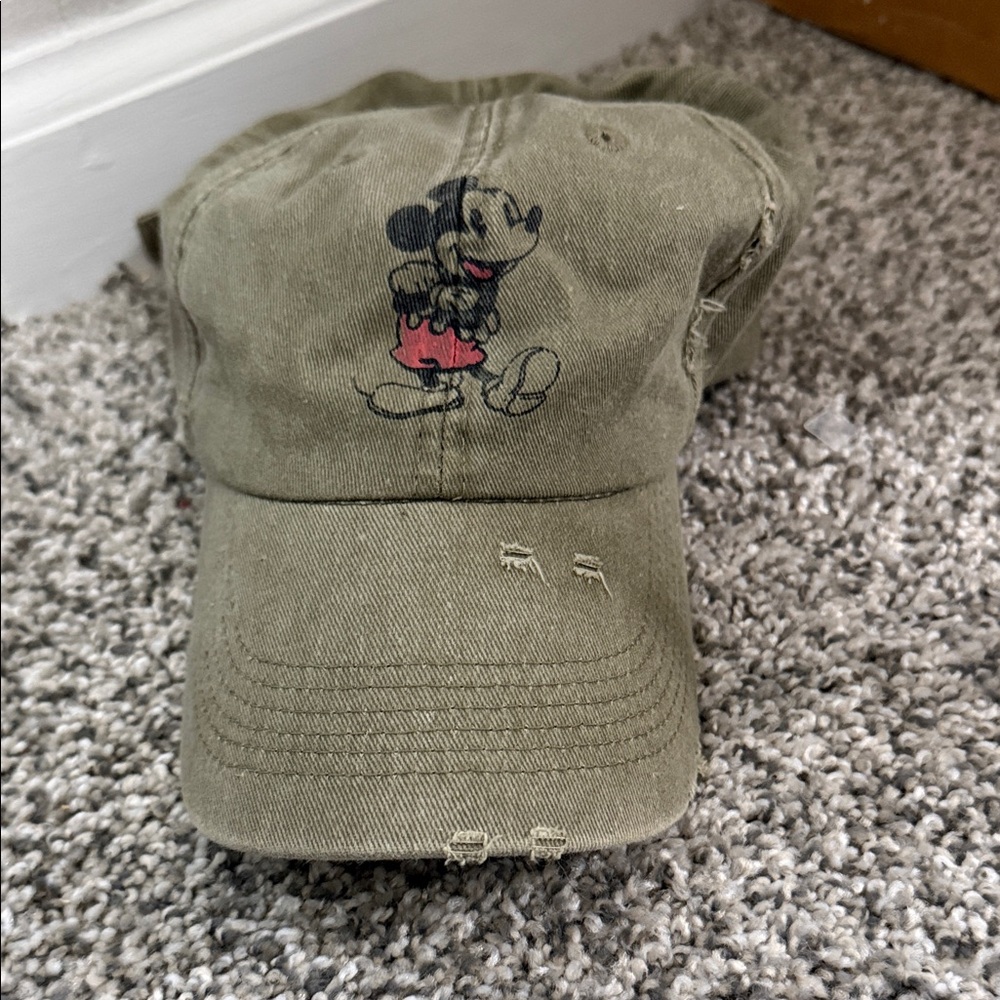 Distresses Olive Green Baseball Cap with Mickey Mouse Graphic